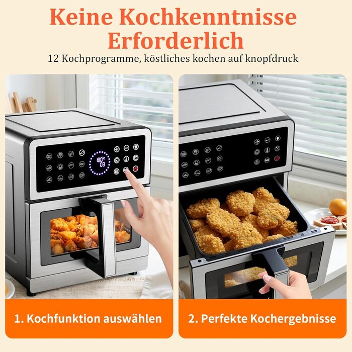 Аерофритюрниця 12л 2 камери 2600W Airfryer XXL срібна - багатофункціональна фритюрниця з верхнім та нижнім нагріванням, вікном та підсвіткою
