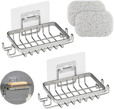 Набір з 2 шт. тримач для мила з нержавіючої сталі 304, для душу та ванної кімнати, кріплення без свердління, з гачком та підставкою для мила, срібний колір