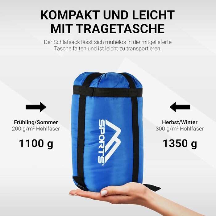 Спальний мішок MSports Premium Outdoor з ременем для перенесення - вибір на весну/літо (200GSM) або осінь/зима (300GSM) для кемпінгу, подорожей, фестивалів - теплий спальник-кокон оливкового кольору (Королівський блакитний, 200 GSM - весна/літо)