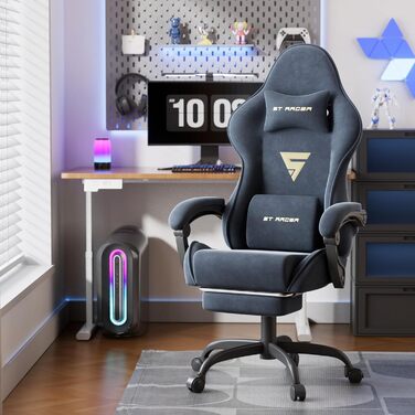 Геймерське крісло Ferghana Ergonomischer з підголівником та підтримкою спини, сталево-синій, для роботи та ігор, тканинне, високої якості
