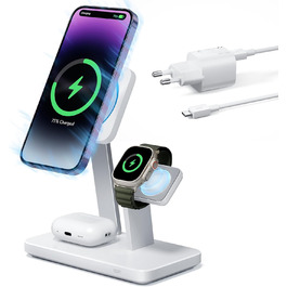 Зарядний пристрій ESR 65W GaN 5 в 1 з підтримкою MagSafe, білий (3 в 1). Сумісний з iPhone 17/16/15/14/13/12, Apple Watch, AirPods та USB A/C пристроями