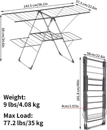 Складана сушарка для білизни Innotic, розкладна крилата сушарка-вежа (142.5x57.5x88 см), 33 прути, витримує до 35 кг, для балкона та дому, сіро-блакитна