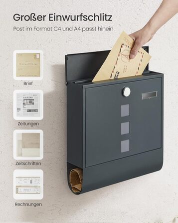 Поштова скринька SONGMICS з замком, оглядовим вікном та відділенням для газет, антрацит, 30.8x33.8x10 см (GMB20AG)