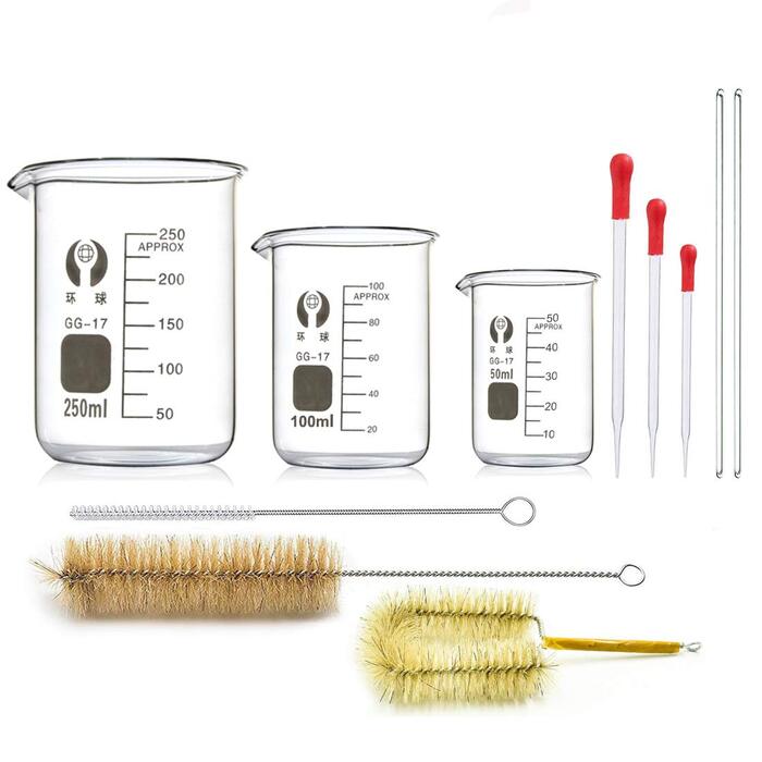 Borosilicate Glass Beaker Set, JESSTOLO 3-Piece Thick Glass Graduated Beakers with Clear Spout 50ml 100ml 250ml, 3 Glass Pipettes, 3 Washing Brushes, and 2 Glass Rods, for Laboratory Research Medicine
