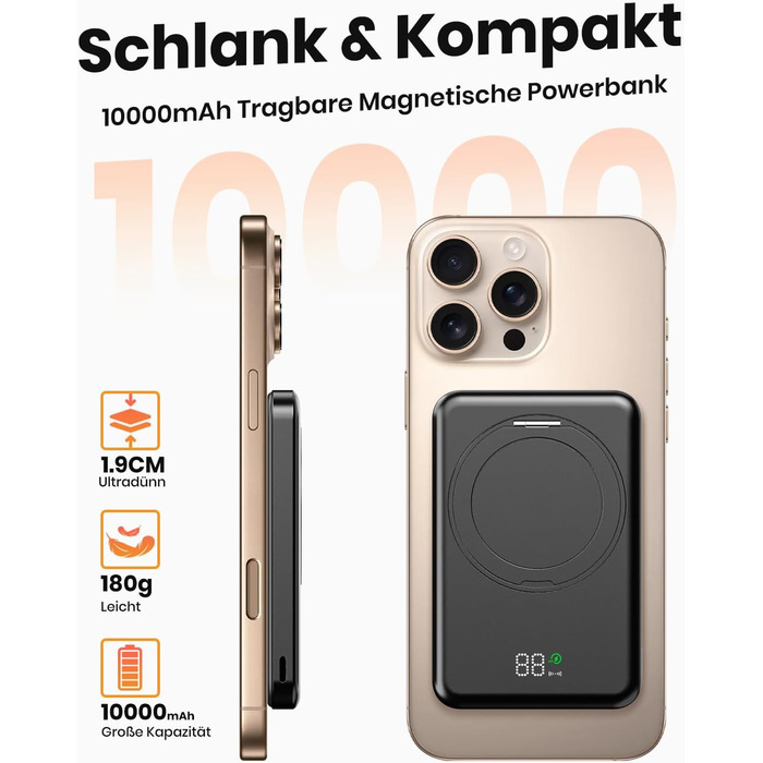 Портативний зарядний акумулятор SOARAISE 10000mAh з PD 20W, USB-C та бездротовою зарядкою, LED дисплеєм, чорний