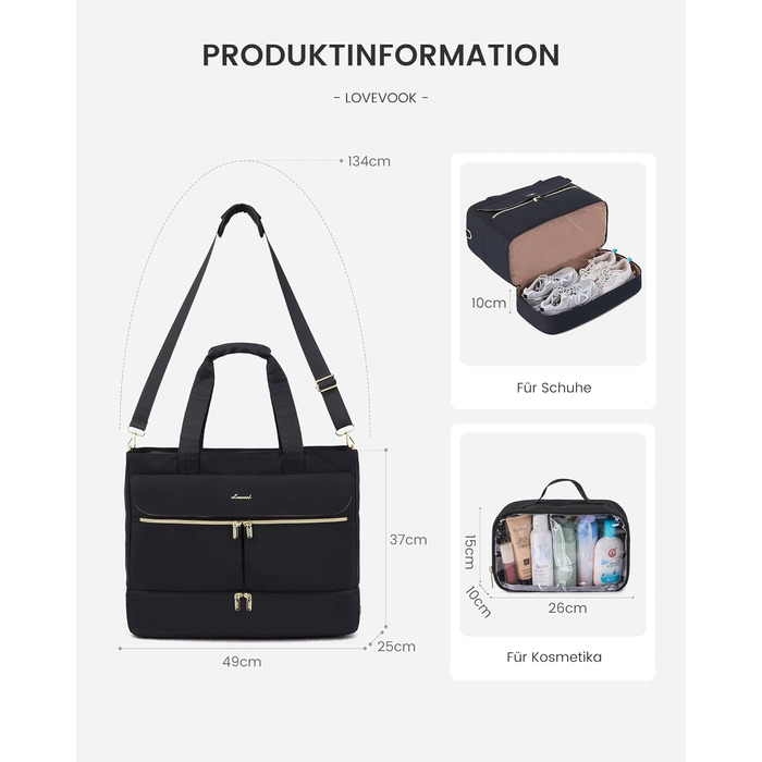 Сумка-валіза LOVEVOOK для жінок, 45L: велика валіза-рюкзак, сумка для подорожей, спортивна сумка, сумка для вихідної поїздки, клінічна сумка, сумка для пологового будинку, з косметичкою, відділенням для взуття та вологонепроникним відділенням, чорна