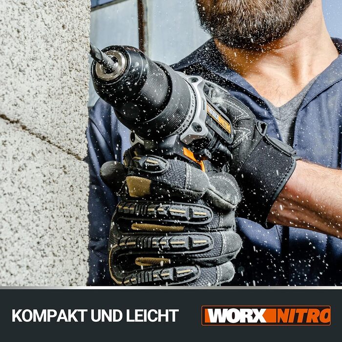 WORX NITRO WX352 Акумуляторний ударний дриль-шуруповерт Set 20V - безщітковий двигун, 60Nm, 2-швидкісна коробка передач, LED-підсвічування, комплект з 2 x 20V 2Ah акумуляторами та 2A зарядним пристроєм