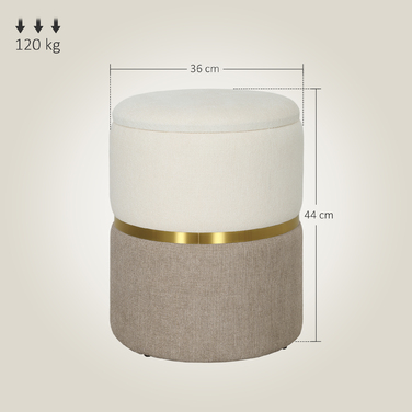 HOMCOM Storage Ottoman with Lid, Metal Ring, Two-Tone Design Round Footstool Upholstered Ottoman, Chenille 36 x 36 x 44 cm Cream White | Aosom