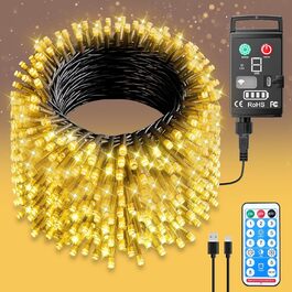 LED ліхтарна гірлянда на батарейках 10м, для вулиці, 8 режимів, IP44, вологостійка, з пультом, таймером, 200 LED, для декору, вечірки, Нового року