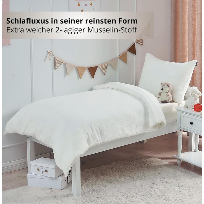 Дитяча постільна бджільня Kinderbettwäsche 100x135 2 шт. | ОekoTex сертифікована, для алергіків | Набір постільної білизни з мусліну Kinderbettwäsche з 1 простирадлом 135x100 та 1 наволочкою 40x60 | (100 см x 135 см, Білий)