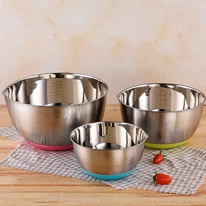 Набір мисок з нержавіючої сталі FAB4HOME (1.5L, 3L, 5L) з силіконовим дном та виливом - 3 шт.