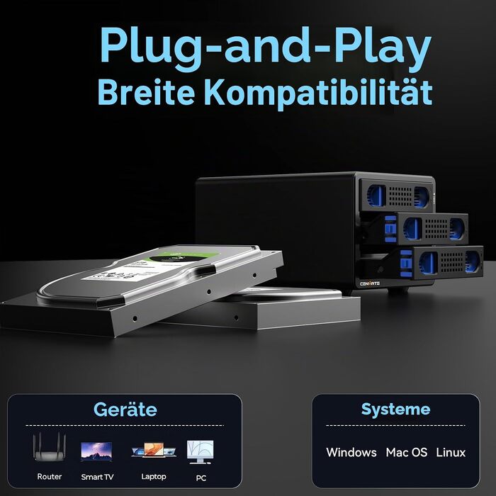 Зовнішній корпус для HDD/SSD CENMATE 803TC Dual Bay, 10Gbps, USB 3.2 (A/C), алюмінієвий з охолодженням для 2.5/3.5 SATA дисків, Hot Swap
