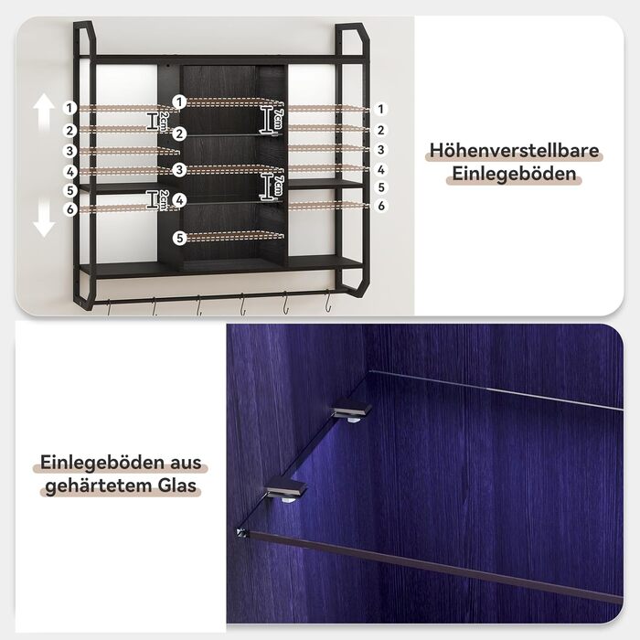 Стильне металеве вітрина для вина з LED-підсвічуванням на стіну, 3 яруси, чорний колір, для бару, кухні, вітальні, ресторану, 20x80 см