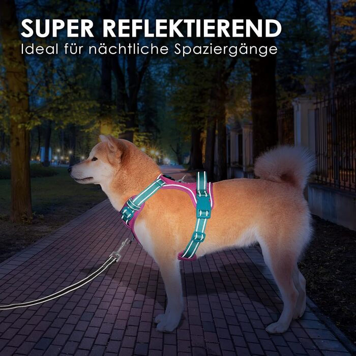 Шлейка для собак PHOEPET Anti-Zug з відбиваючими елементами, регульована, для цуценят та собак різних розмірів (XL, блакитна база & рожеві ремінці)