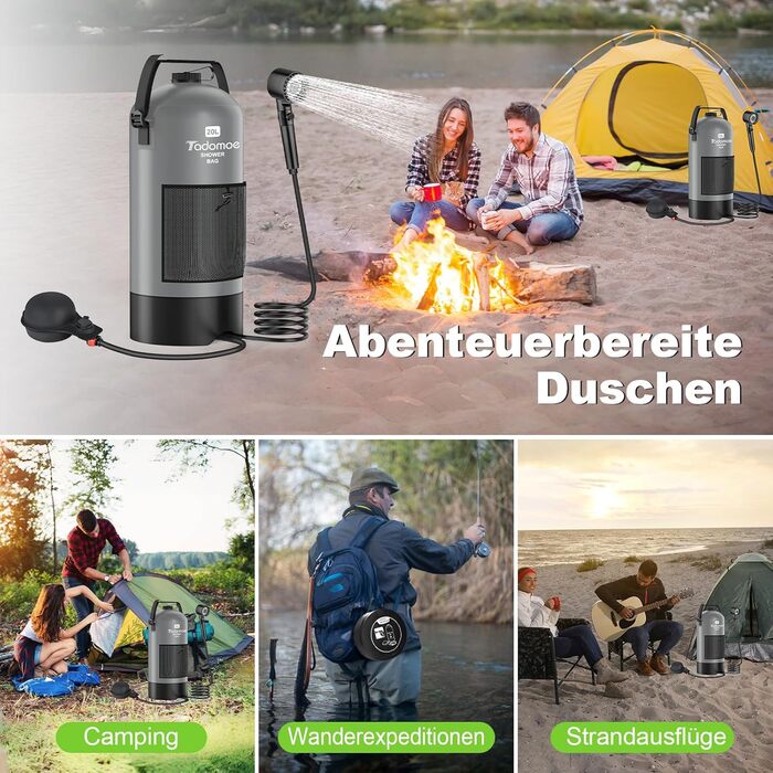 Сонячний душ для кемпінгу на 20 літрів з насосом, сумка та душ для відпочинку, подорожей та туризму (сірий)