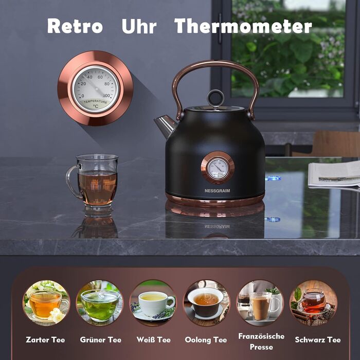 Чайник електричний NESSGRAIM Retro, 1.7л, чорний, з LED-індикатором та великим термометром