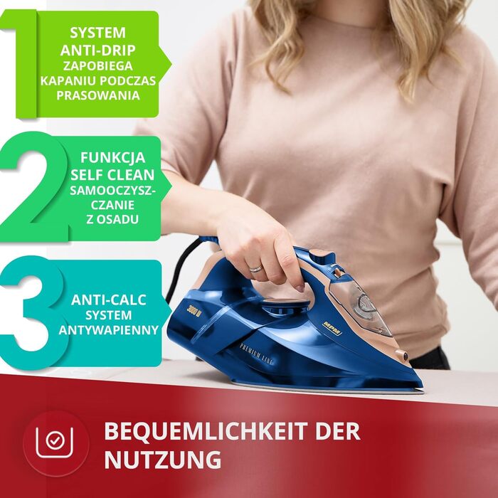 Праска MPM MZE-24/G з керамічною підошвою, 3000 Вт, 190 г/хв, 300 мл, вертикальне прасування, автовимкнення, блакитна