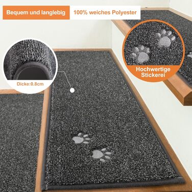 BEQHAUSE Килимки на сходи нековзні, 15 шт., машинне прання, самоклеючі, для дітей, літніх людей та домашніх тварин, 100% поліестер, TPE-підкладка, 22x70 см, темно-сірий, 15 шт.