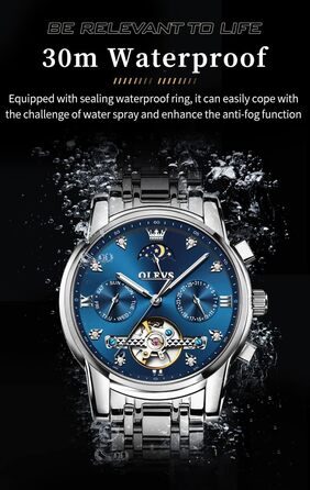 Чоловічий годинник OLEVS Chronograph — водонепроникний кварцовий годинник з аналоговим циферблатом, сталевий корпус, сріблястий з синім циферблатом (6678)