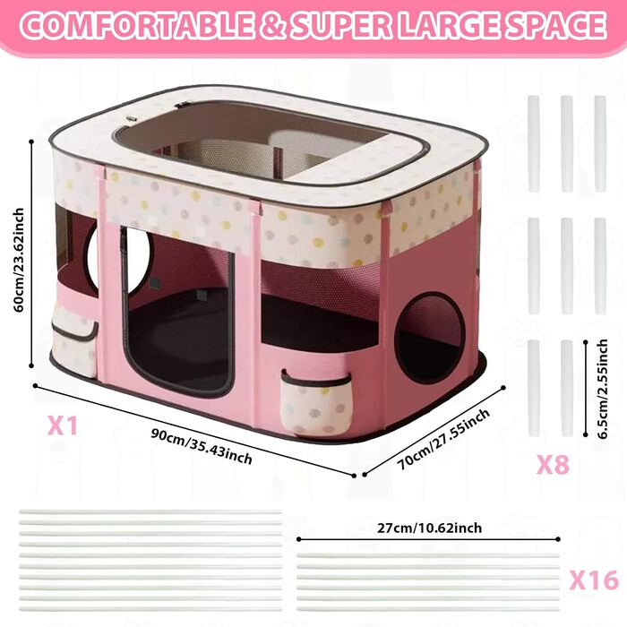 Клітка-забіг для цуценят, сіра, для дому, складна, портативна, прямокутна, для кошенят, цуценят, кроликів (L), рожева, з тунелем