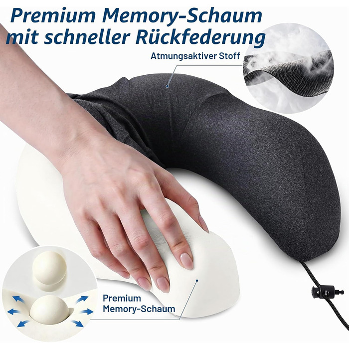 Подушка для подорожей Kobete з ефектом пам'яті (Memory Foam) для шиї, набір для сну в літаку, авто та поїзді: з 3D-маскою, берушами та сумкою, чорна