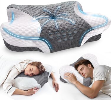 Ортопедична подушка для шиї VJASD з піною з пам'яті - ергономічна подушка для голови проти болю в шиї, регульована по висоті для тих, хто спить на боці з дихаючим чохлом для спокійного сну, білий