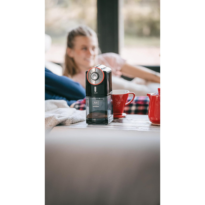 Електрична кавомолка Melitta Molino з жорнами, для 2-14 чашок кави, 17 ступенів помелу, чорно-червона