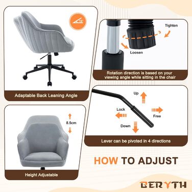 Офісний стілець для дому та офісу до 136 кг, обертовий, оксамитовий, з підлокітниками та колесами, ергономічний, зручний для жінок та дівчат, регульована висота, спальня, домашній офіс (Сірий, Оксамит)