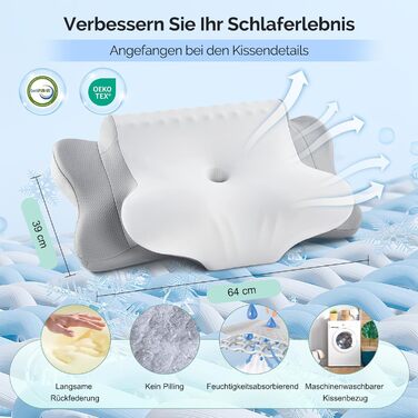 Подушка для шиї FAIORD, подушка з піною з пам'яті, ергономічна подушка для шиї, подушка для підтримки шиї для тих, хто спить на боці, спині та животі (сіра, 64 x 39 x 13 см)