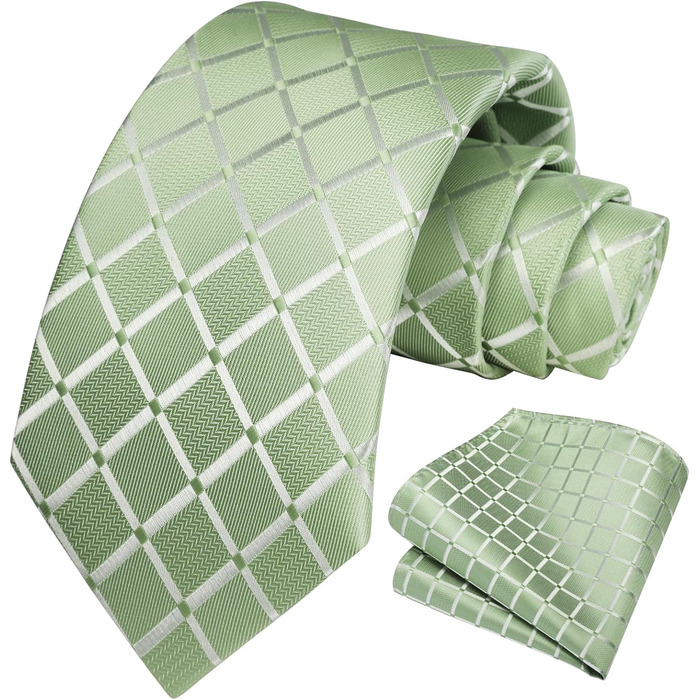 HISDERN Комплект краватки та кишенькового хустинки в клітинку для чоловіків (світло-зелений)
