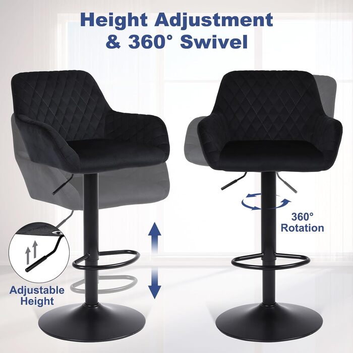 Ralex Velvet Bar Stools 2-Pack - Adjustable Swivel Bar Chairs with Backrest & Armrests for Kitchen, Bar & Counter - Black