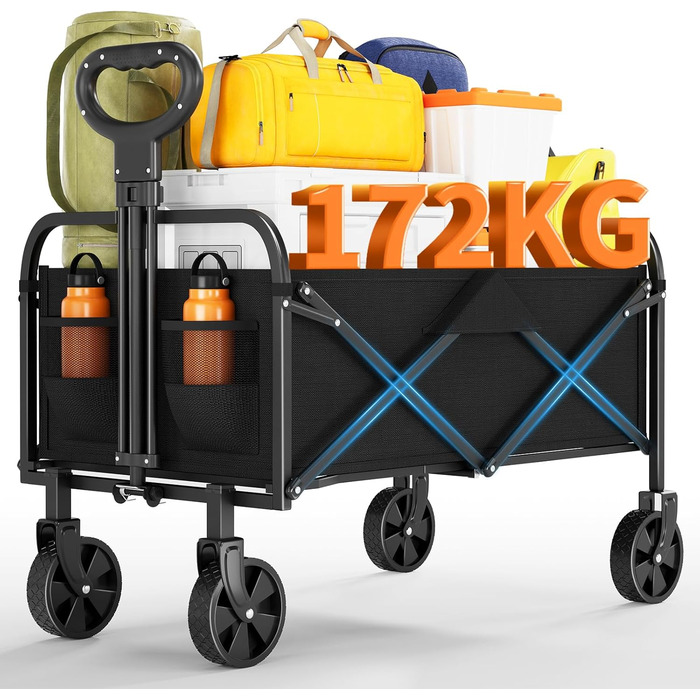 Візок вантажний складний 220L Heavy Duty для кемпінгу, саду, пляжу. Сталевий каркас, 600D Oxford PVC, регульована ручка, чорний