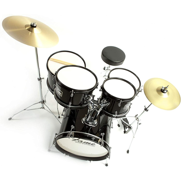 Fame 5-Piece Drum Set Black - Комплект барабанів з аксесуарами, включаючи бас-барабан, томи, малий барабан, стійки та табурет