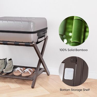 Fully assembled bamboo luggage rack with 5 straps, 2-tier foldable suitcase stand, wide wooden luggage holder, foldable luggage shelves, ideal for guest rooms, bedrooms, hotels, (1 pack of brown bamboo)