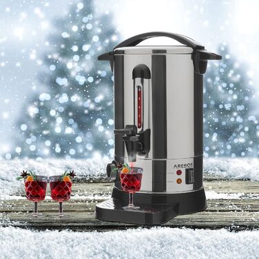 Arebos Glühwein Cooker 950 W | Hot Beverage Dispenser | 6.8 L | with drip tray, tap, thermostat, and overheat protection | Temperature setting from 30-110 °C | (Silver)