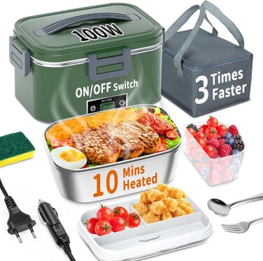 Electric Lunch Box 100W, 3-in-1 Portable Heated Lunch Box, Removable Stainless Steel Lunch Container, 12V/24V/220V Insulated Food Warmer for Car/Truck/Office, with Insulated Bag and Sponge (Green, 1.8 L)