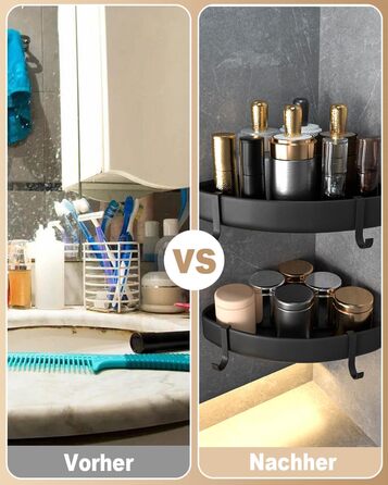 Дзеркальна поличка для душу кутова без свердління чорного кольору, 2 шт. з гачками для шампуню та мила, захист від іржі