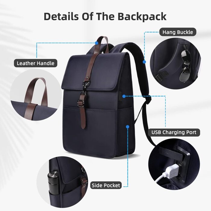 Рюкзак для ноутбука чоловічий/жіночий, 15.6 дюймів, з USB-портом, для подорожей, навчання, велосипеда, блакитний