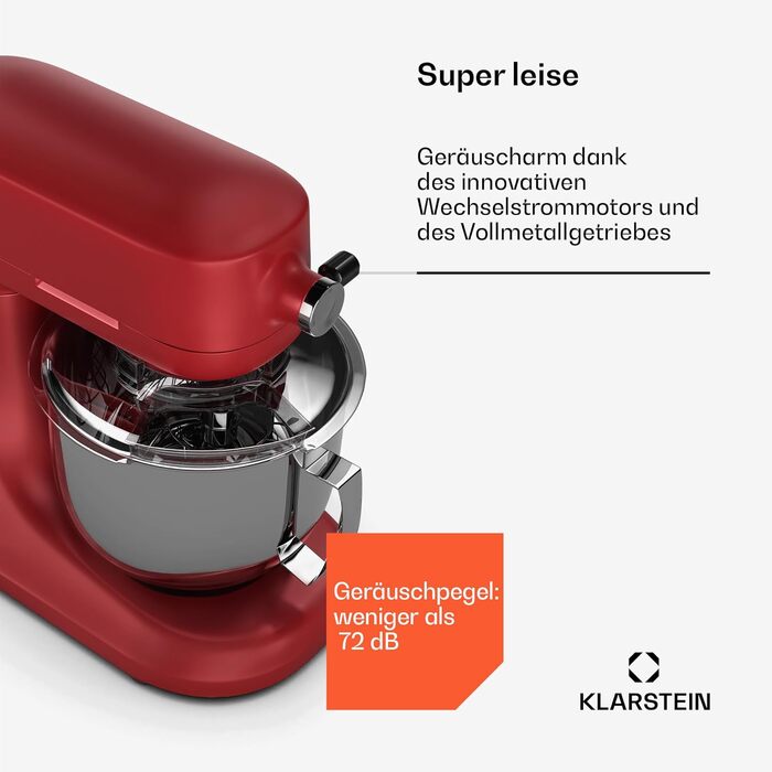 Кухонна машина Klarstein Chiara 1600W з чашею 5л з нержавіючої сталі, 12 швидкостей, LCD-дисплеєм, тиха робота ≤72 dB, набір для випічки, сумісний з посудомийною машиною, корпус з алюмінію, червона