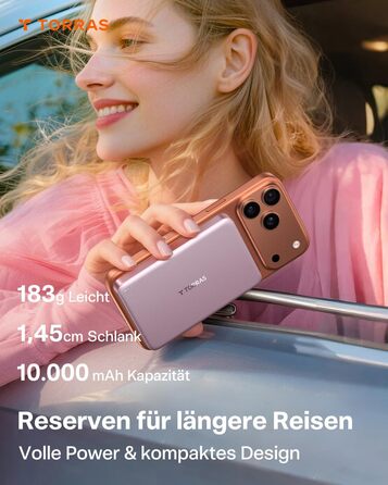 Портативний зарядний пристрій TORRAS MiniMag MagSafe, 10000mAh, 22.5W, з магнітним кріпленням, рожевий. Power Bank для iPhone 17 Pro Max/Air/16/15/14/13/12, Wüsten Titan.