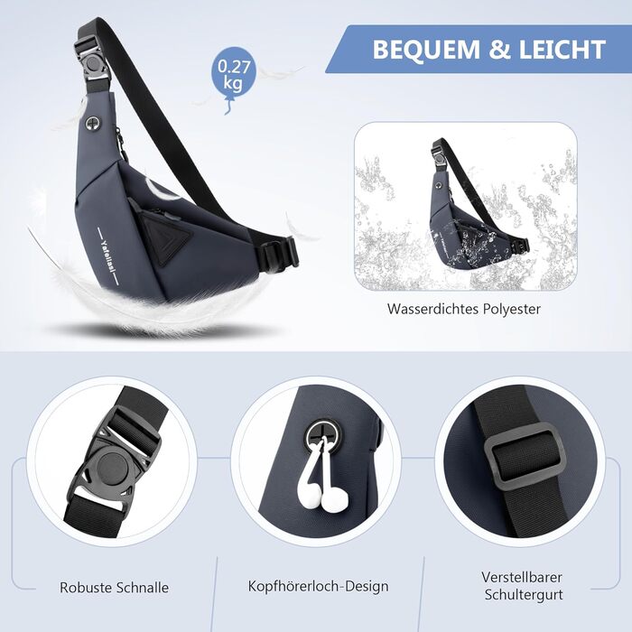 Чоловіча нагрудна сумка VARLIVOO Brusttasche - слинг-сумка, кросбоді, через плече, спортивна, для фітнесу, подорожей, кемпінгу, школи. Водонепроникний рюкзак з поліестеру, блакитний.