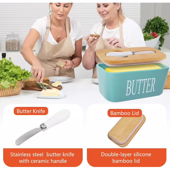Porcelain butter dishes with lid, airtight silicone butter box, butter container for butter, nuts, cheese, sky blue + butter spreader