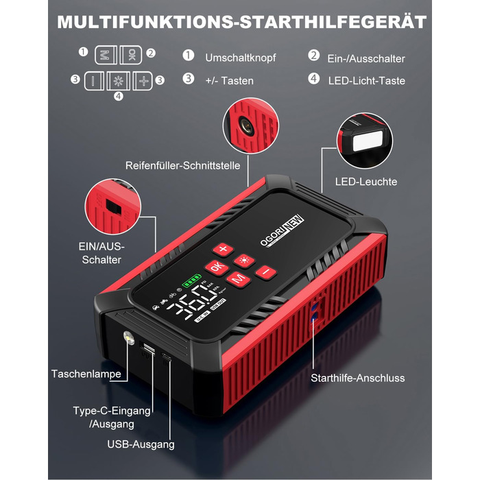 Портативний акумулятор для авто з компресором 150PSI, 7000A, 12V, 8L/10L (бензин/дизель), з запальничкою, LED-ліхтарик B195