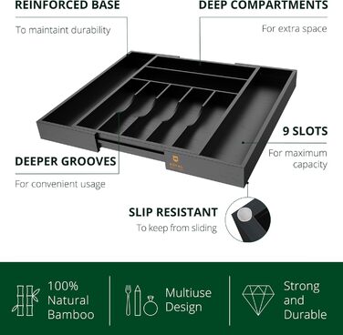 Органайзер для столових приборів ROYAL CRAFT WOOD з бамбука (9 секцій, чорний) - Роздільник для ящиків, тримач для кухонного приладдя
