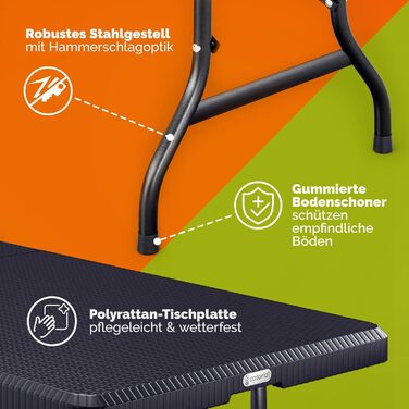 Стол садовий розкладний Casaria® з поліротангу, 180x75 см, чорний. Чудовий для саду, балкону, кемпінгу. Стійкий до погодних умов, з ручкою для перенесення.