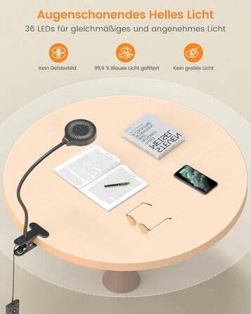 Glocusent 5W LED Лампа для читання на ліжко, кліпса, 36 LED, 5 рівнів яскравості, гнучкий тримач, CRI 90, USB зарядка (біла)