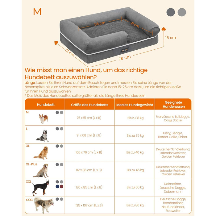 Ортопедичне ліжко для собак Feandrea, м'яке, з піднятими бортиками, 91x68x18 см, знімний чохол, антиковзаюча підставка