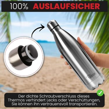 Термос-термопляшка з нержавіючої сталі Otto Koning, 1000 мл, подвійні стінки, вакуумна ізоляція, BPA-free, сріблястий