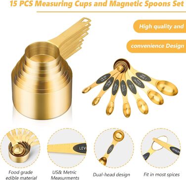 Stainless Steel Measuring Cups and Spoons Set, 15 Piece, 7 Magnetic Measuring Spoons, 7 Stainless Steel Measuring Cups, 1 Level, For Dry and Liquid Ingredients, For Baking and Cooking