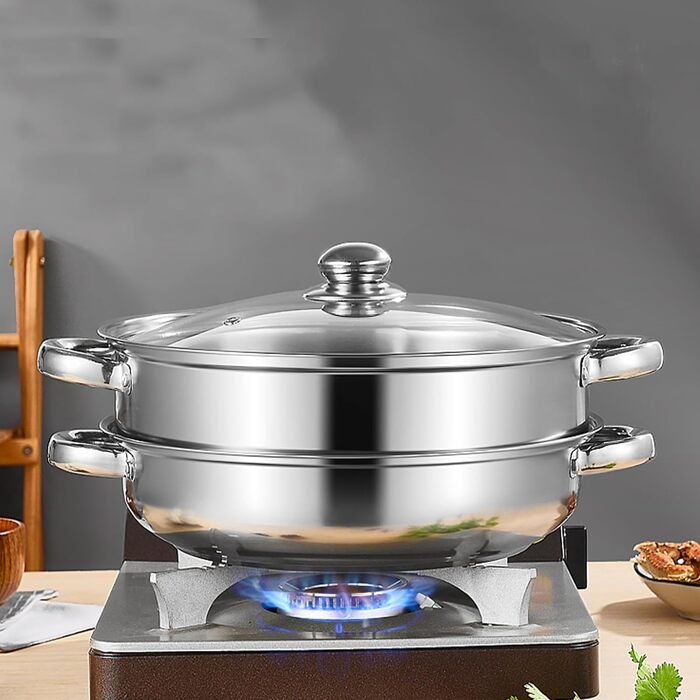 Пароварка ZENFUN 2.1L з вставкою, набір з 2 рівнів, нержавіюча сталь, кришка з термостійкого скла, для приготування їжі, подвійні ручки, 28 см